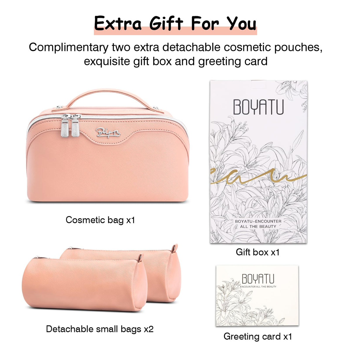 BOYATU Travel Makeup Bag alongside beauty products