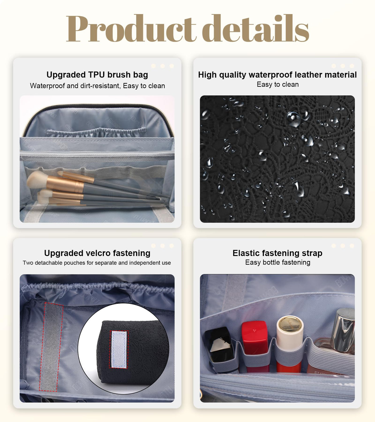 BOYATU Travel Makeup Bag displayed with cosmetics