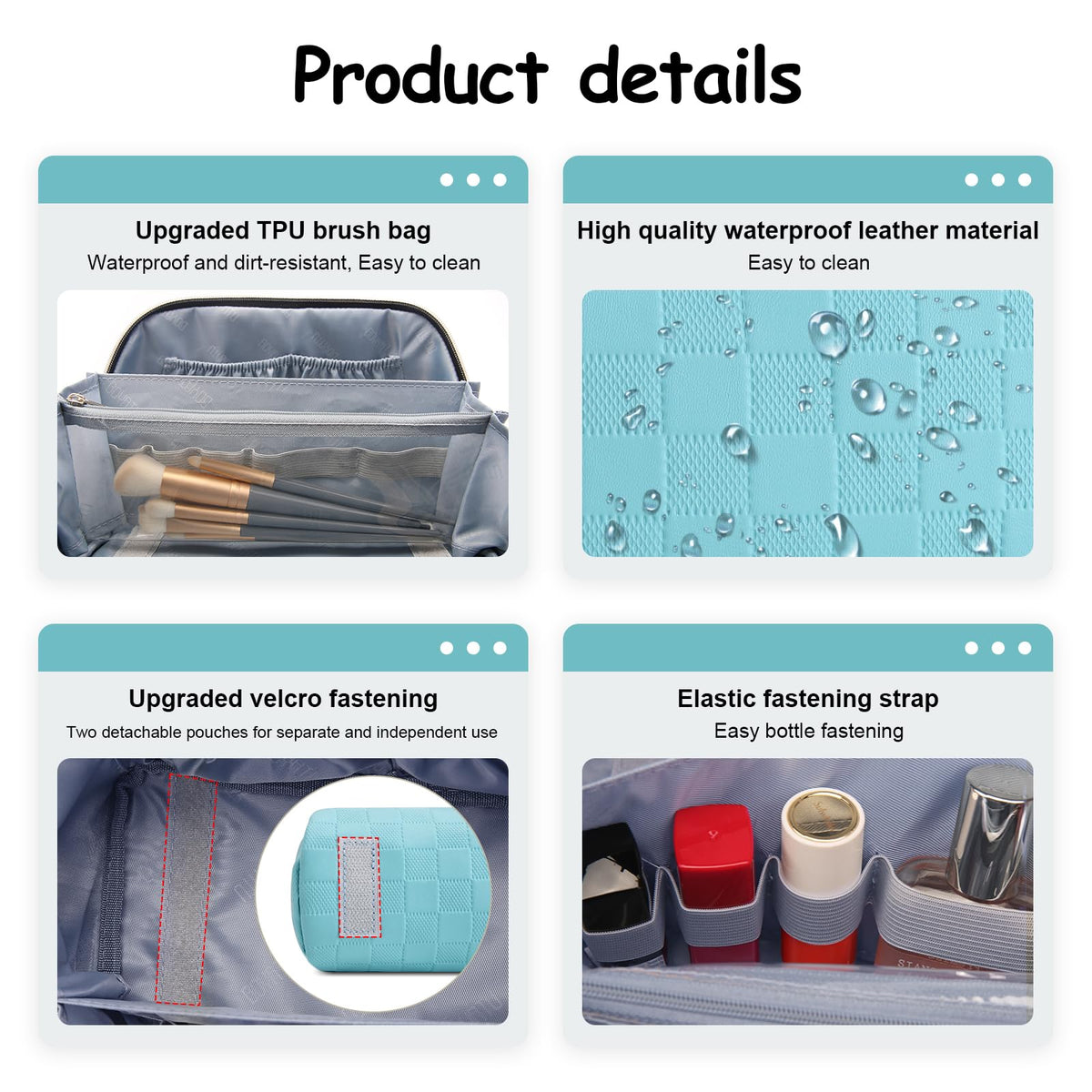 BOYATU Travel Makeup Bag Organizer with skincare bottles inside