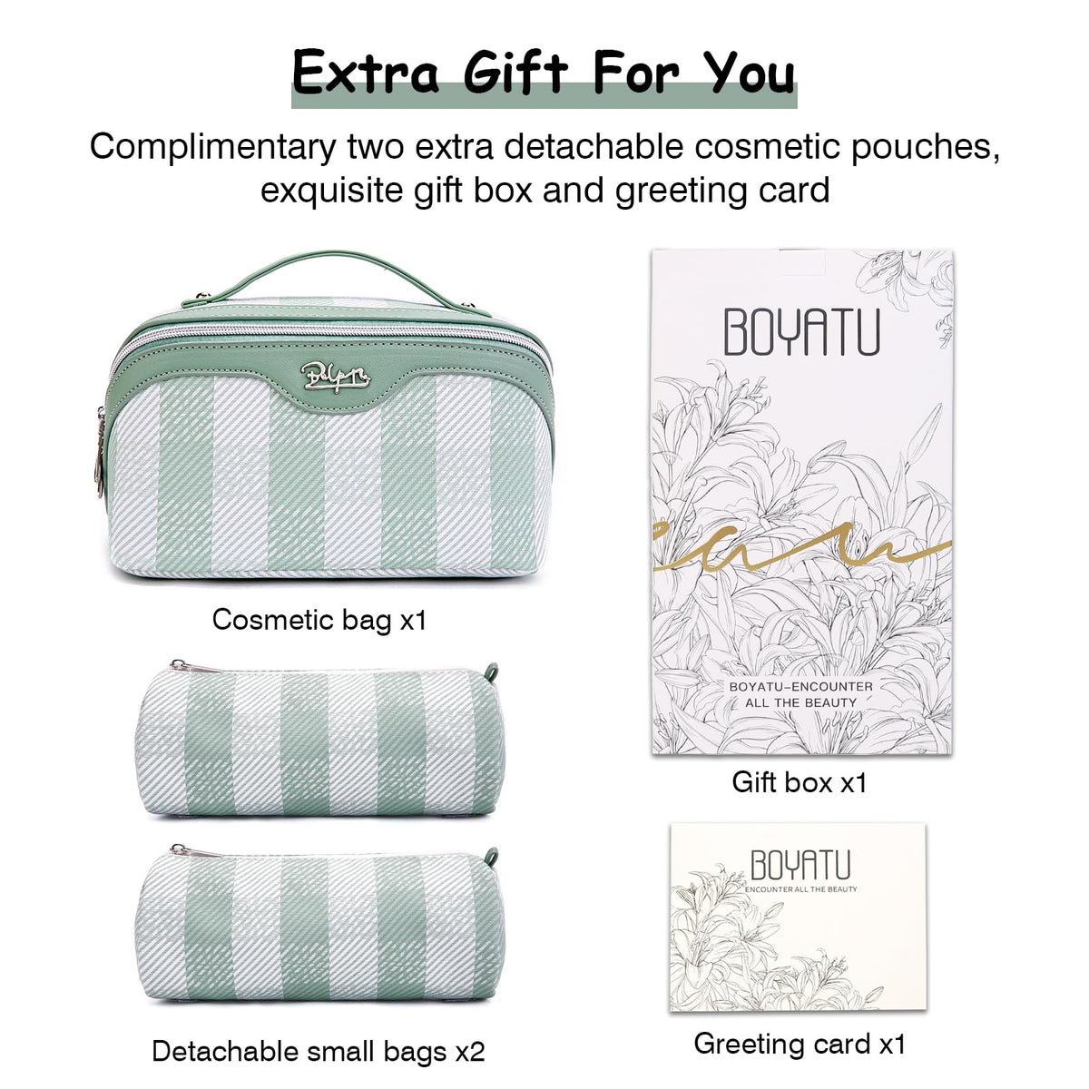 BOYATU Travel Makeup Bag Set dimensions displayed