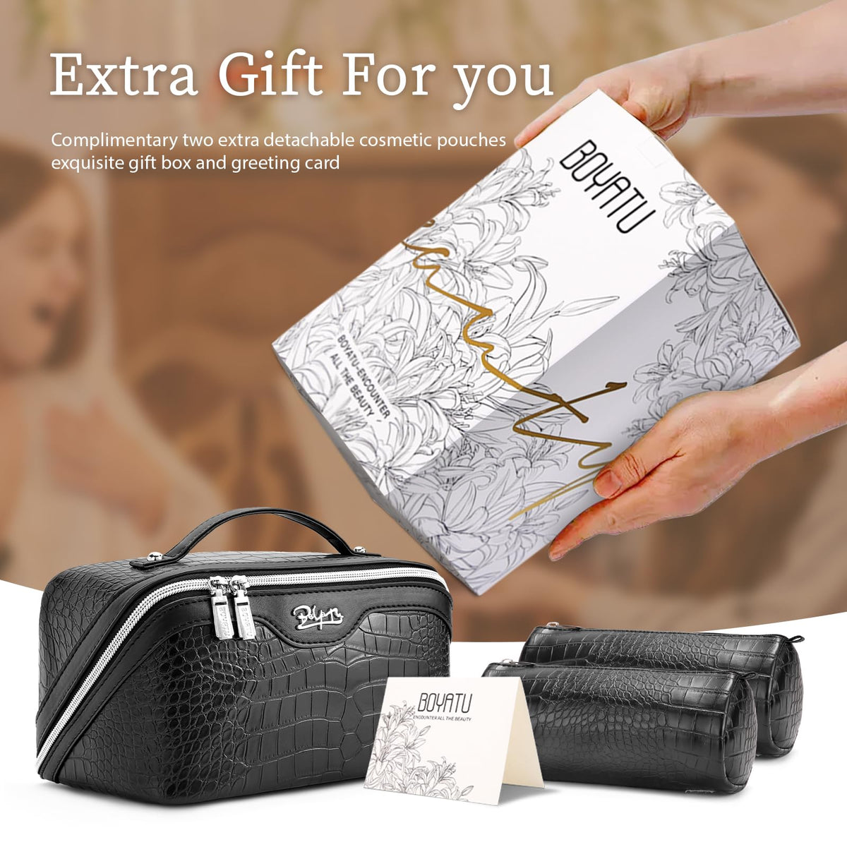 BOYATU Travel Makeup Bag Set displayed outdoors with cosmetics