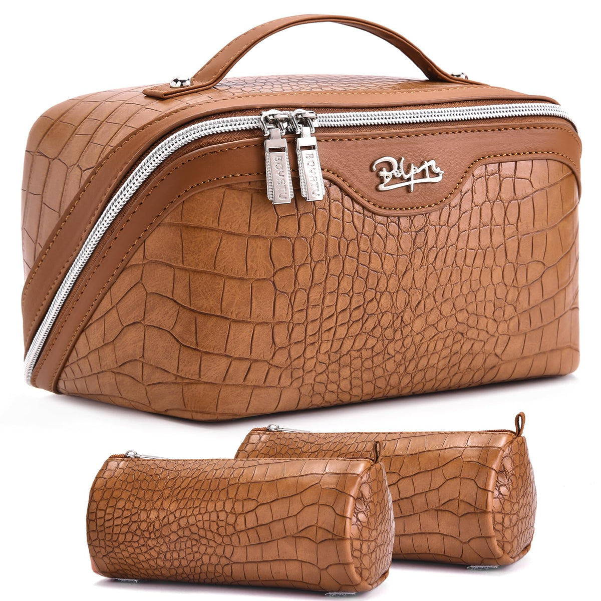 BOYATU Travel Makeup Bag Set front view in brown crocodile pattern