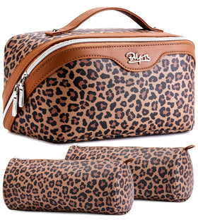 BOYATU Travel Makeup Bag Set front view with leopard print design