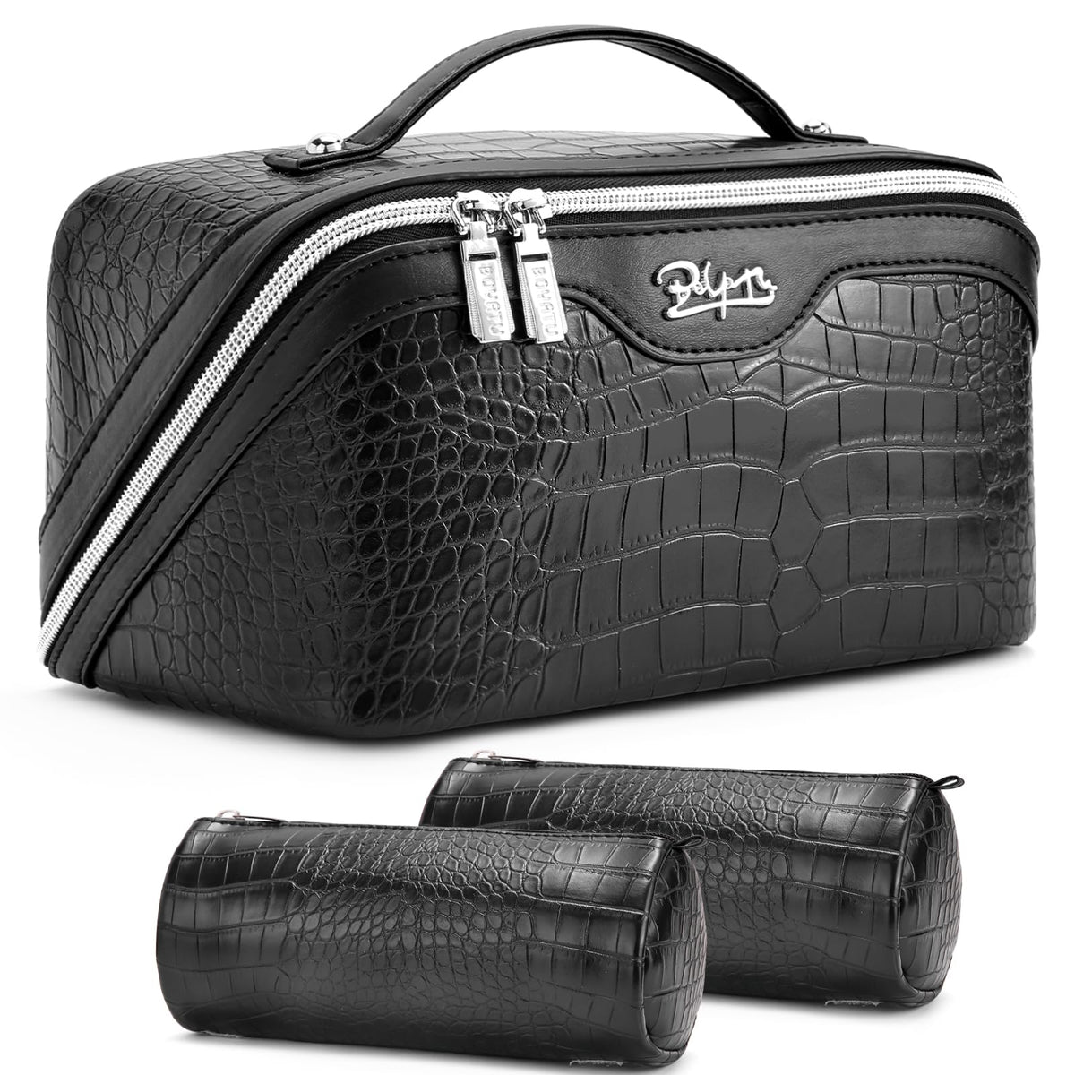 BOYATU Travel Makeup Bag Set in black with crocodile pattern front view