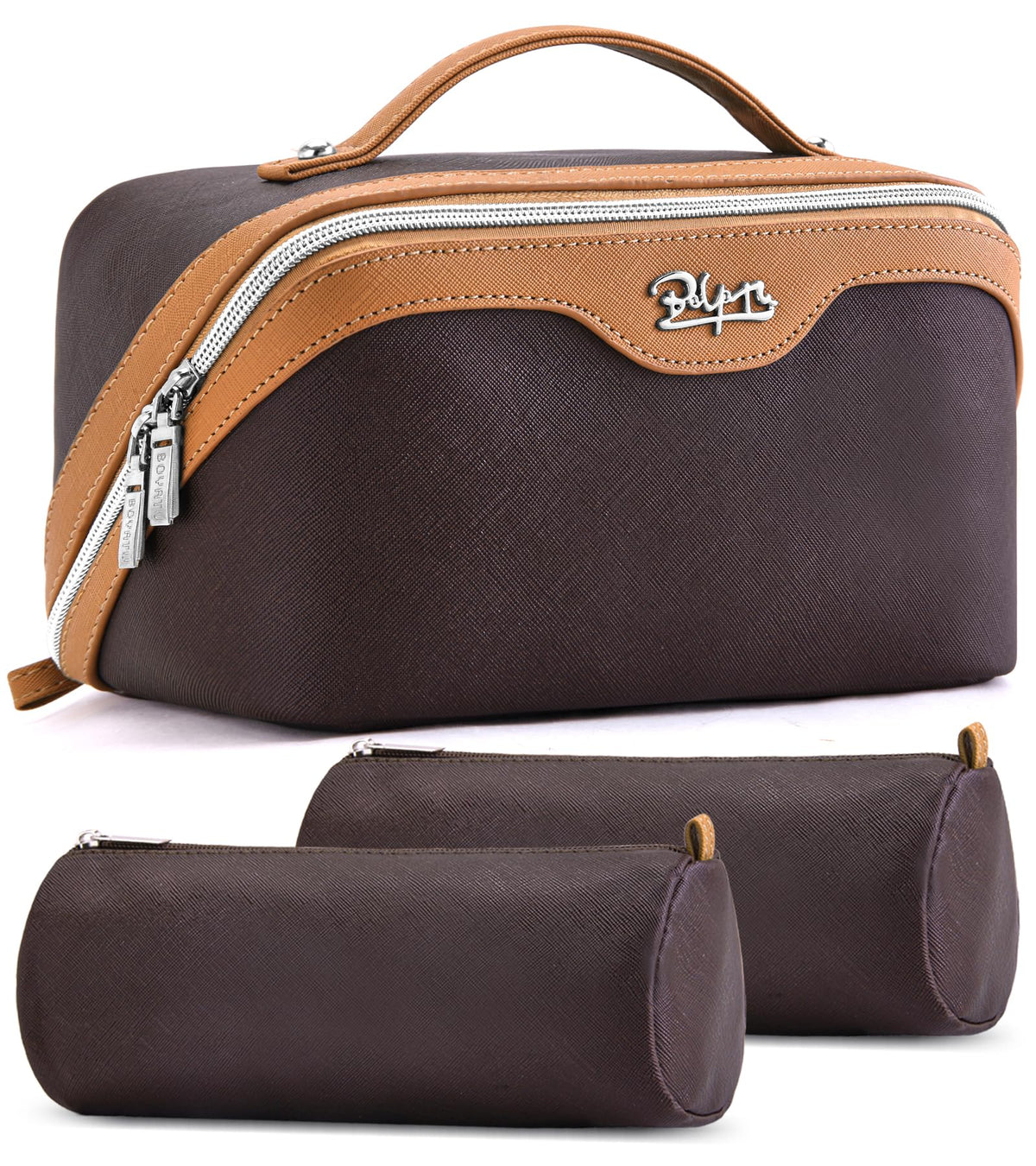 BOYATU travel makeup bag set in brown with compartments