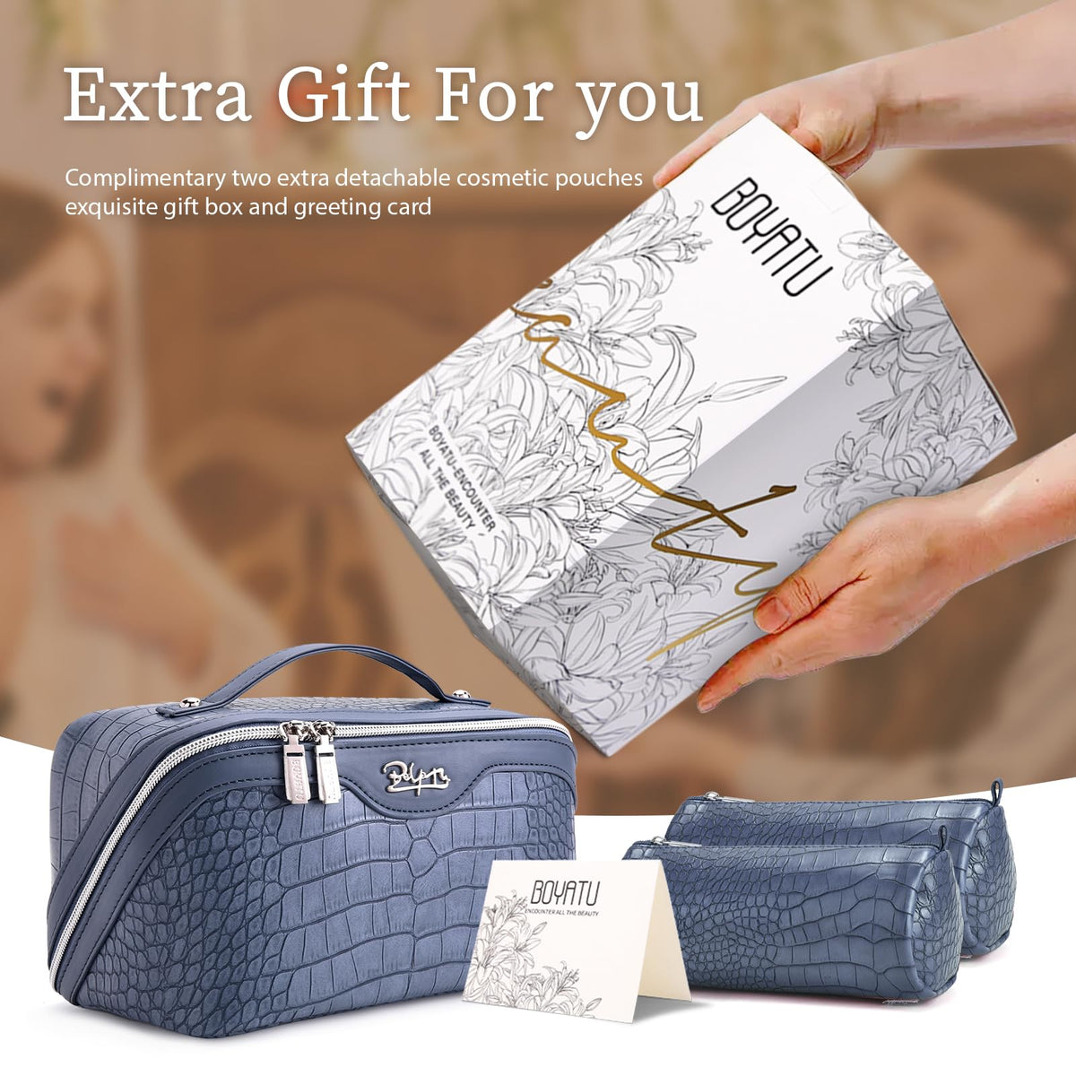 BOYATU Travel Makeup Bag Set in lifestyle setting with cosmetics