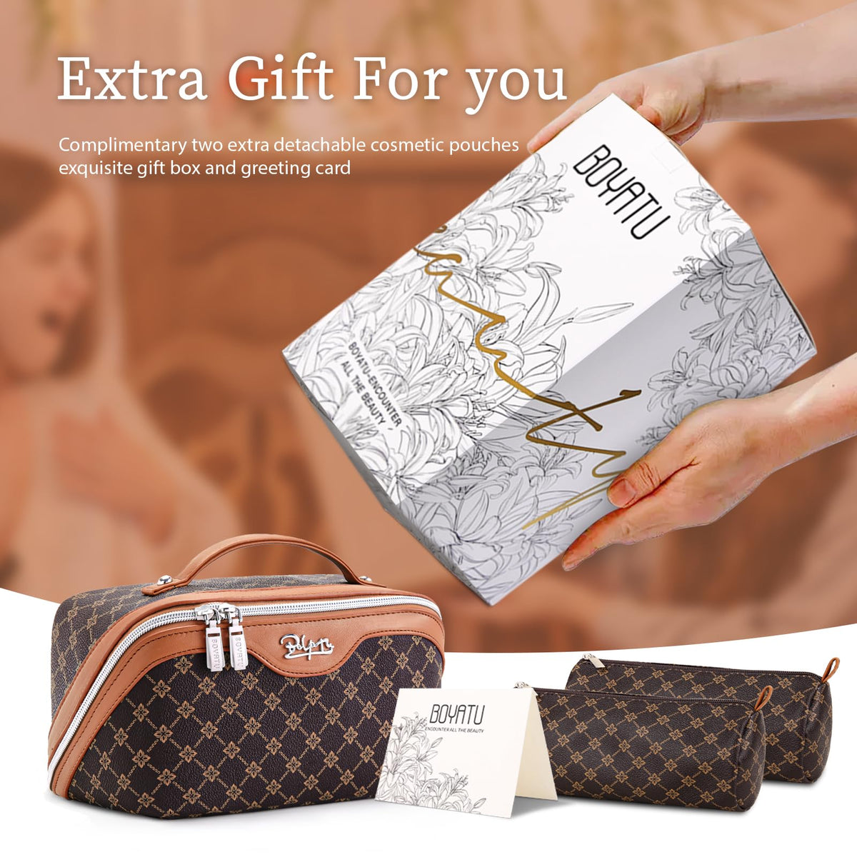 BOYATU Travel Makeup Bag Set lifestyle scene on a vanity