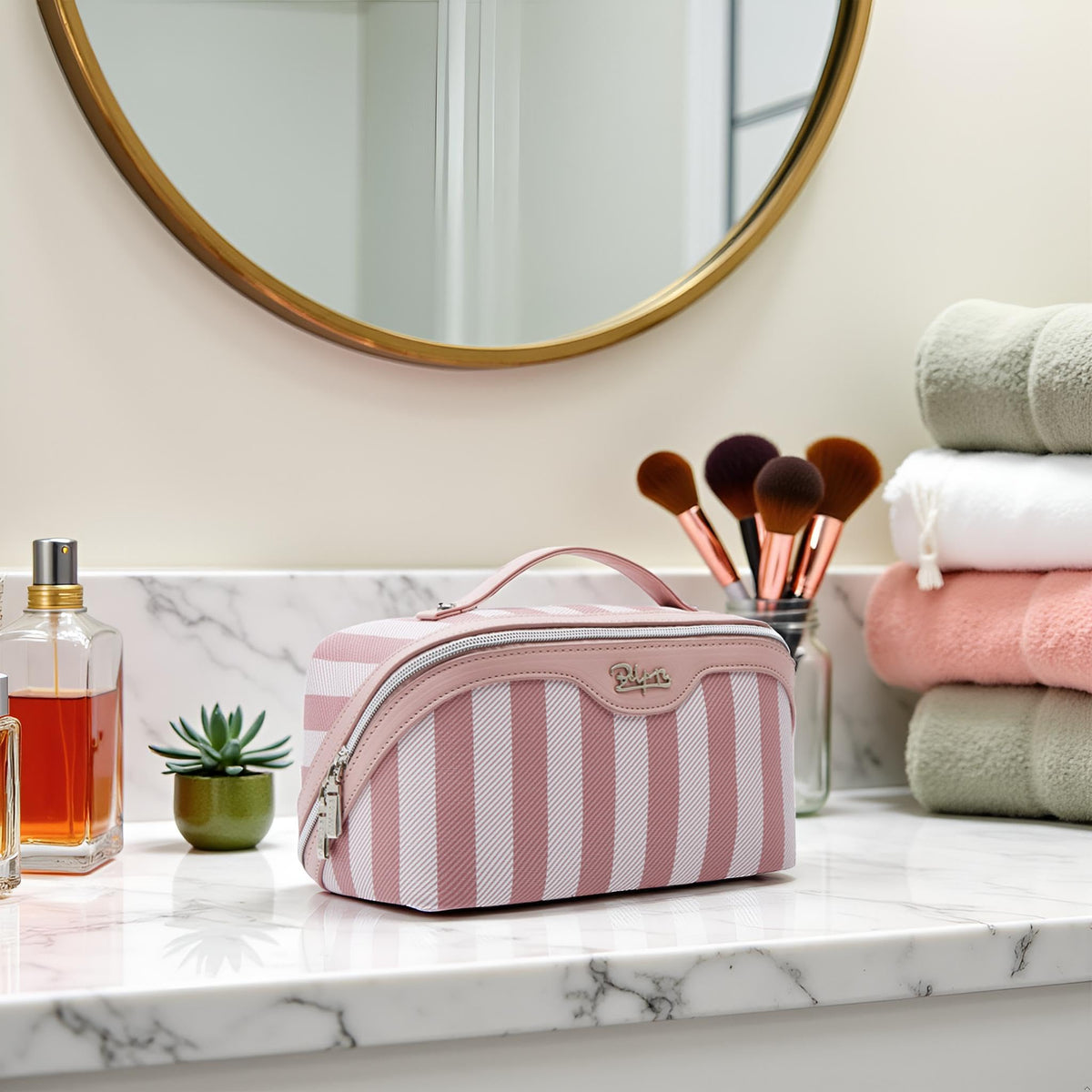 BOYATU Travel Makeup Bag Set lifestyle scene on a vanity