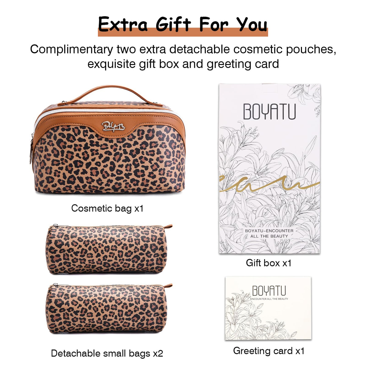 BOYATU Travel Makeup Bag Set open with cosmetics inside