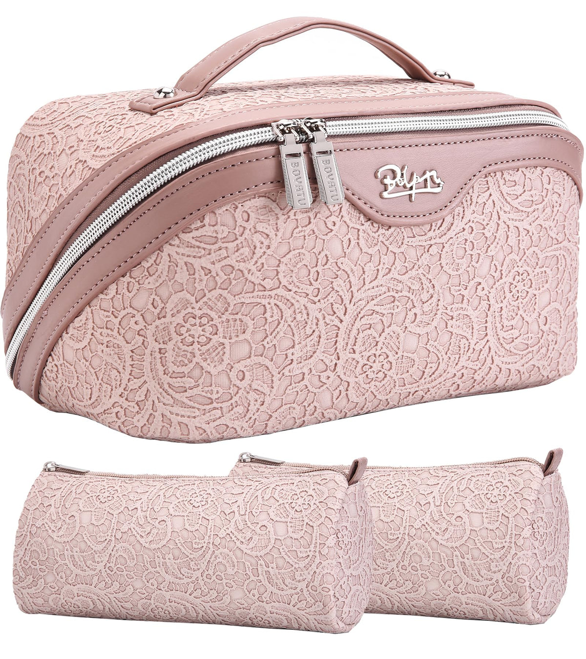 BOYATU Travel Makeup Bags Set in light pink with floral design