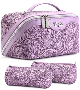 BOYATU Travel Makeup Bags Set in purple floral design front view