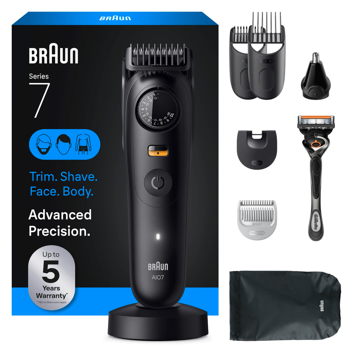 Braun All-in-One Series 7 Trimmer front view with attachments