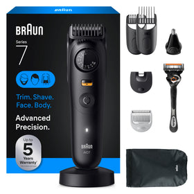 Braun All-in-One Series 7 Trimmer front view with attachments