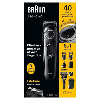 Braun All-in-One Style Kit 3470 front view with trimmer attachments