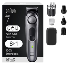 Braun All-in-One Style Kit 7410 front view with trimmer heads