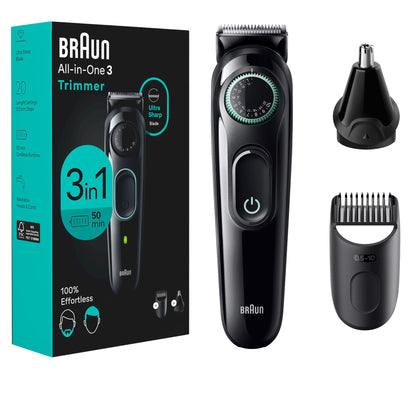 Braun All-in-One Style Kit front view with trimmer and accessories