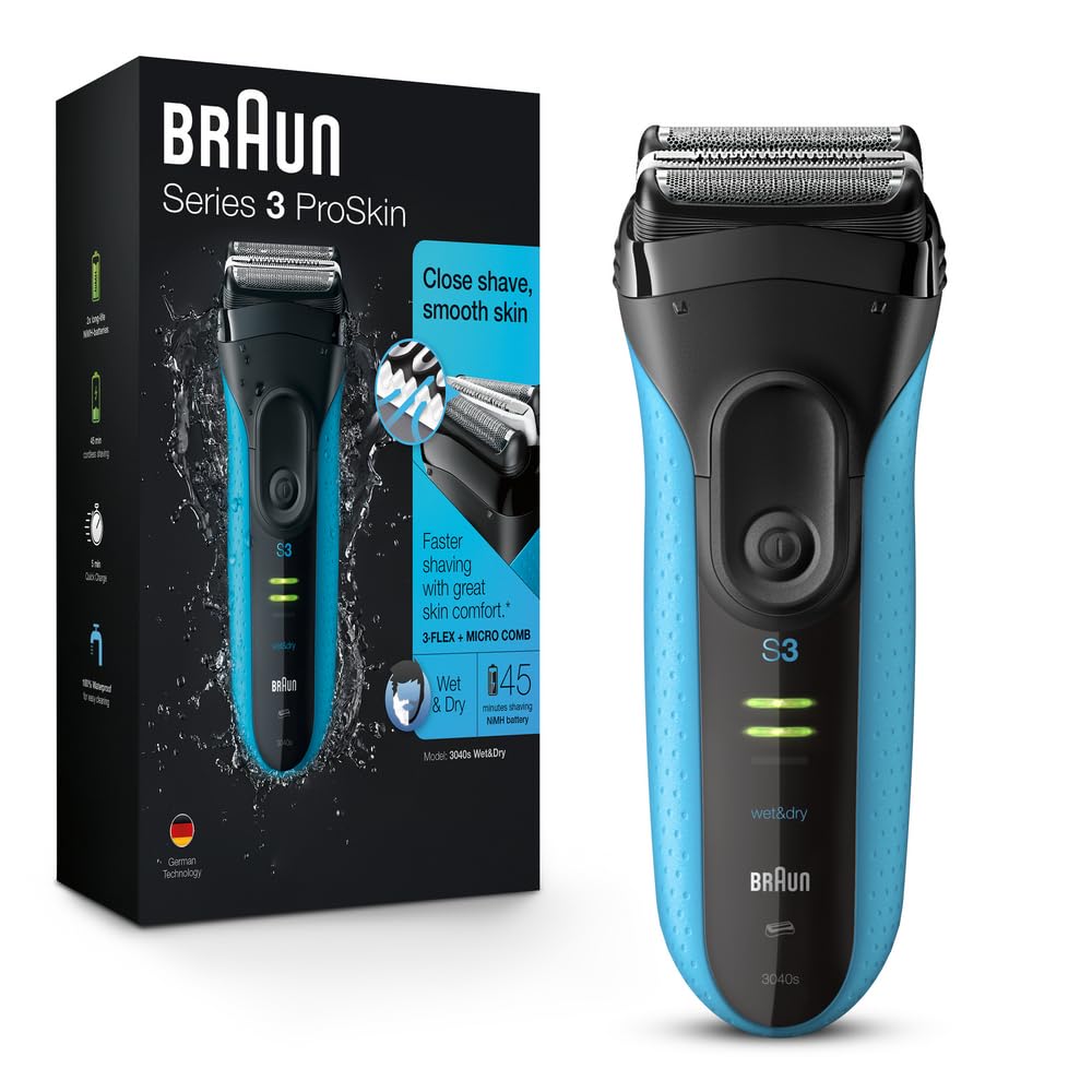 Braun Electric Series 3 Razor front view in blue and black