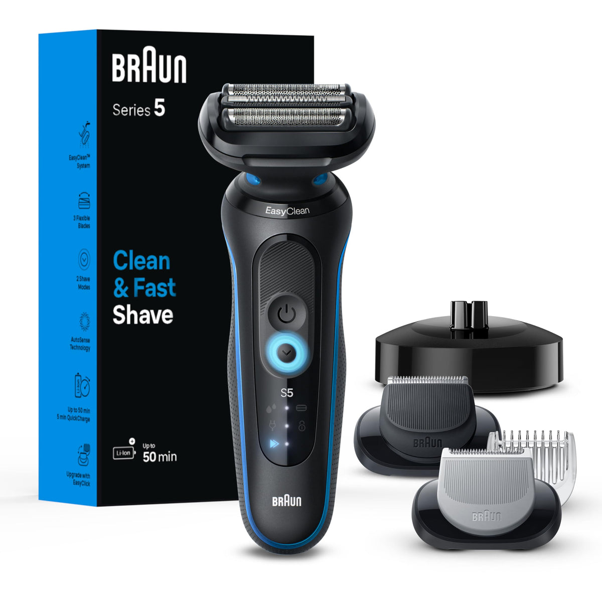 Braun Series 5 5150cs electric shaver front view in blue