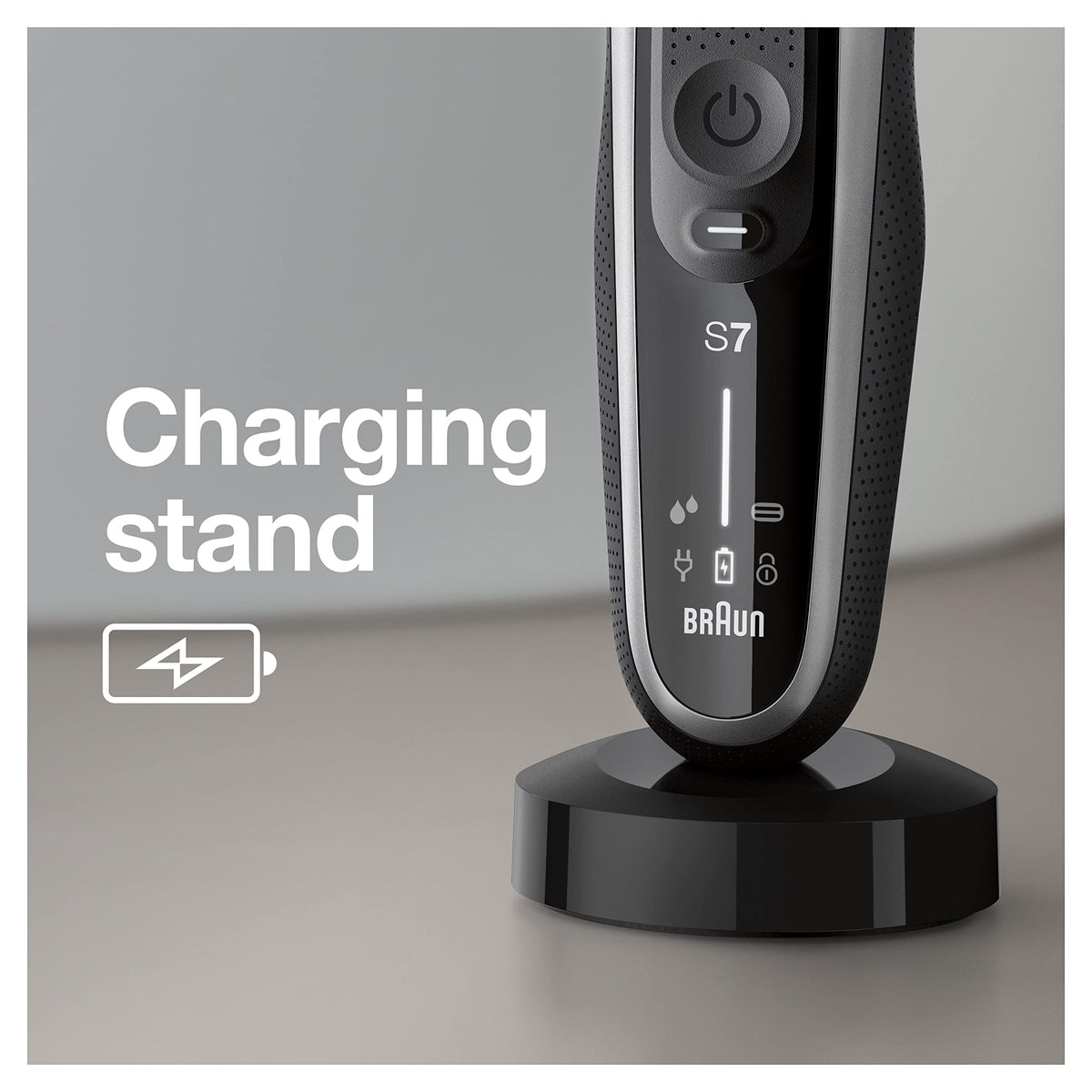 Braun Series 7 electric razor on a bathroom shelf with grooming products