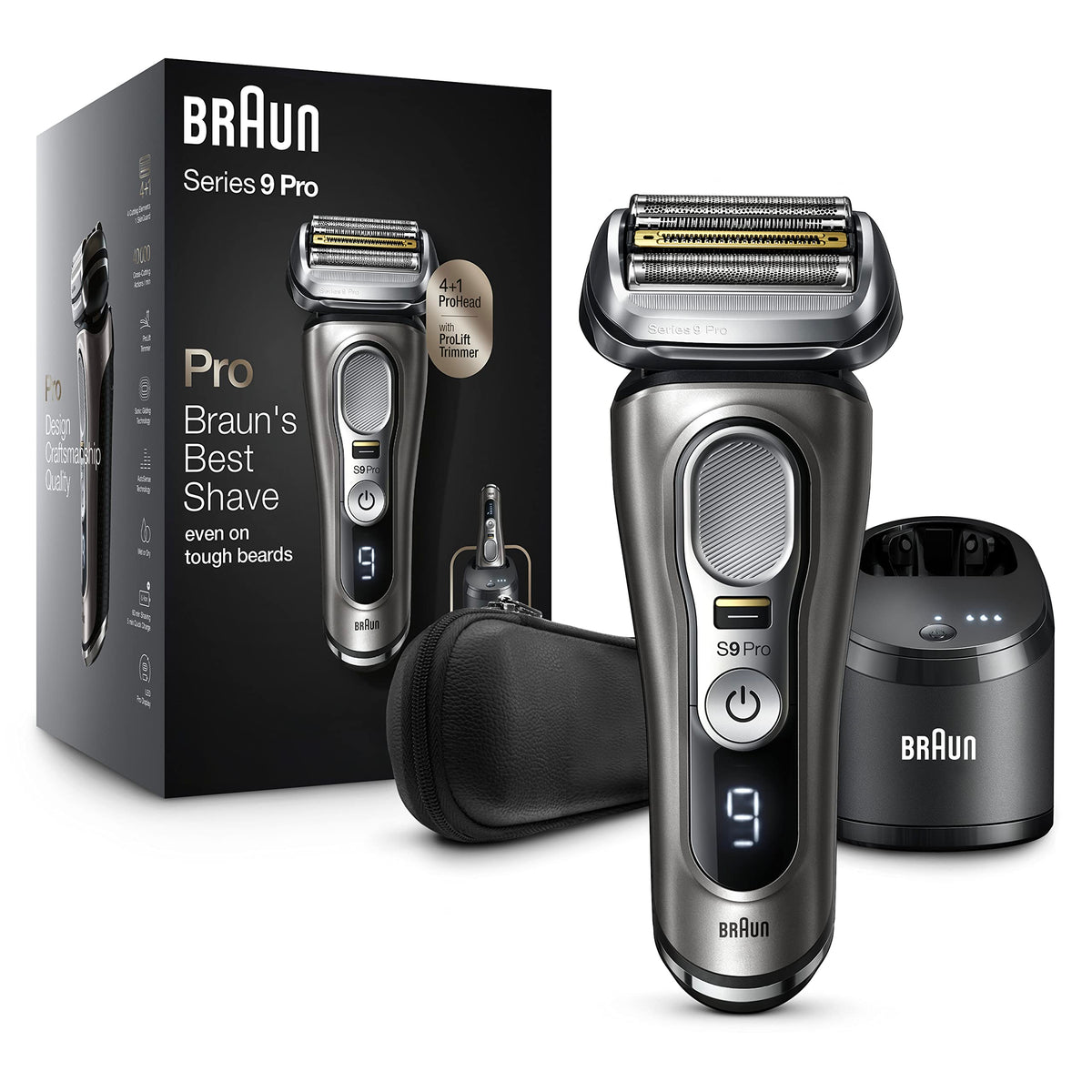 Braun Series 9 Pro 9465cc electric razor front view with charging station