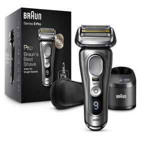 Braun Series 9 Pro 9465cc electric razor front view with charging station