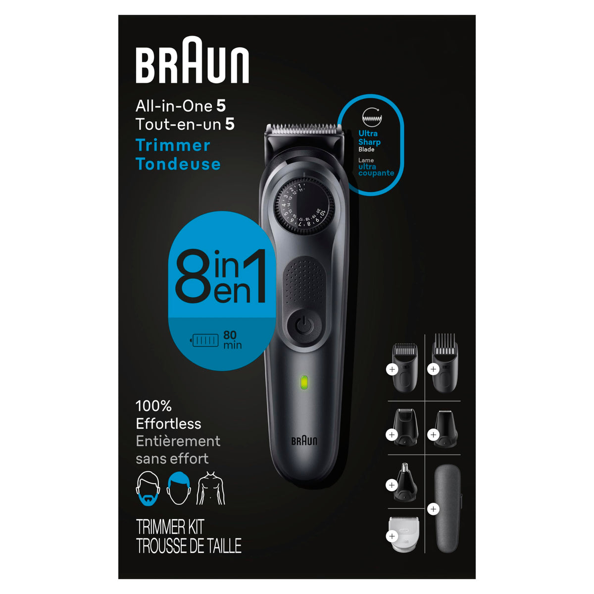 Braun trimmer showing ultra-sharp blade close-up