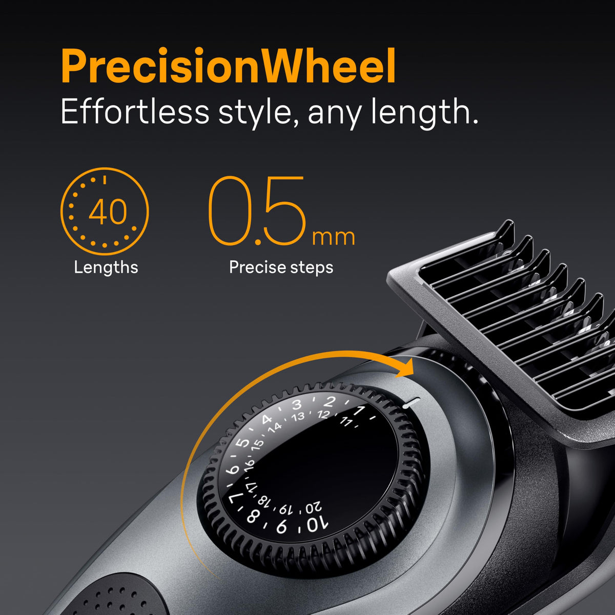 Braun trimmer with precision wheel showing length settings