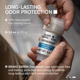 Bravo Sierra Men's Deodorant showing woodsy scent notes