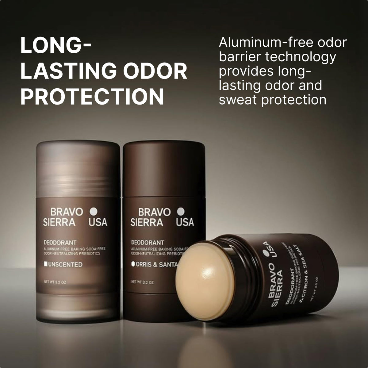 Bravo Sierra Men's Deodorant side view showing clear application