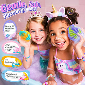 BreezeDream Shell Bath Bombs in a bathtub with toys