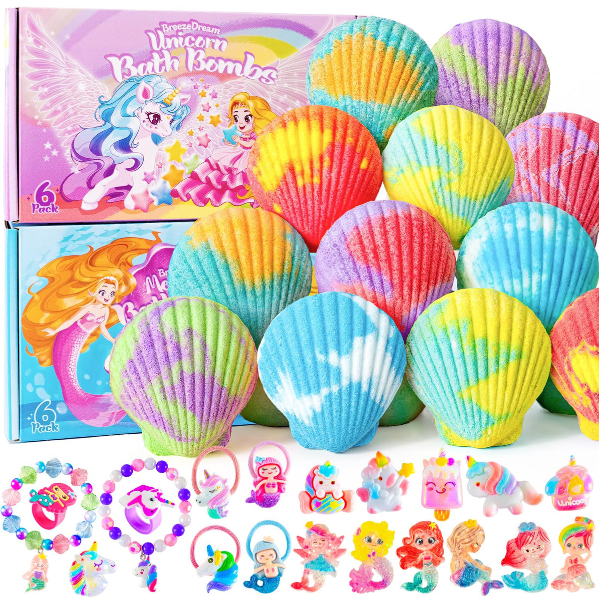 BreezeDream Shell Bath Bombs pack featuring unicorn and mermaid designs