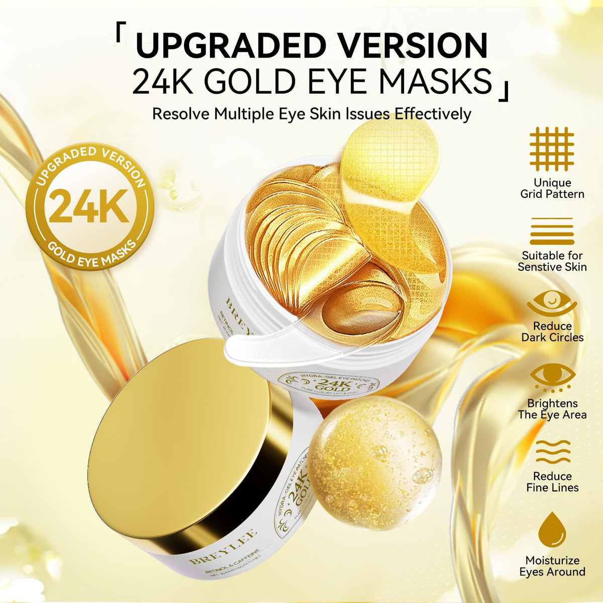 BREYLEE 24K Gold Eye Masks being applied under the eyes