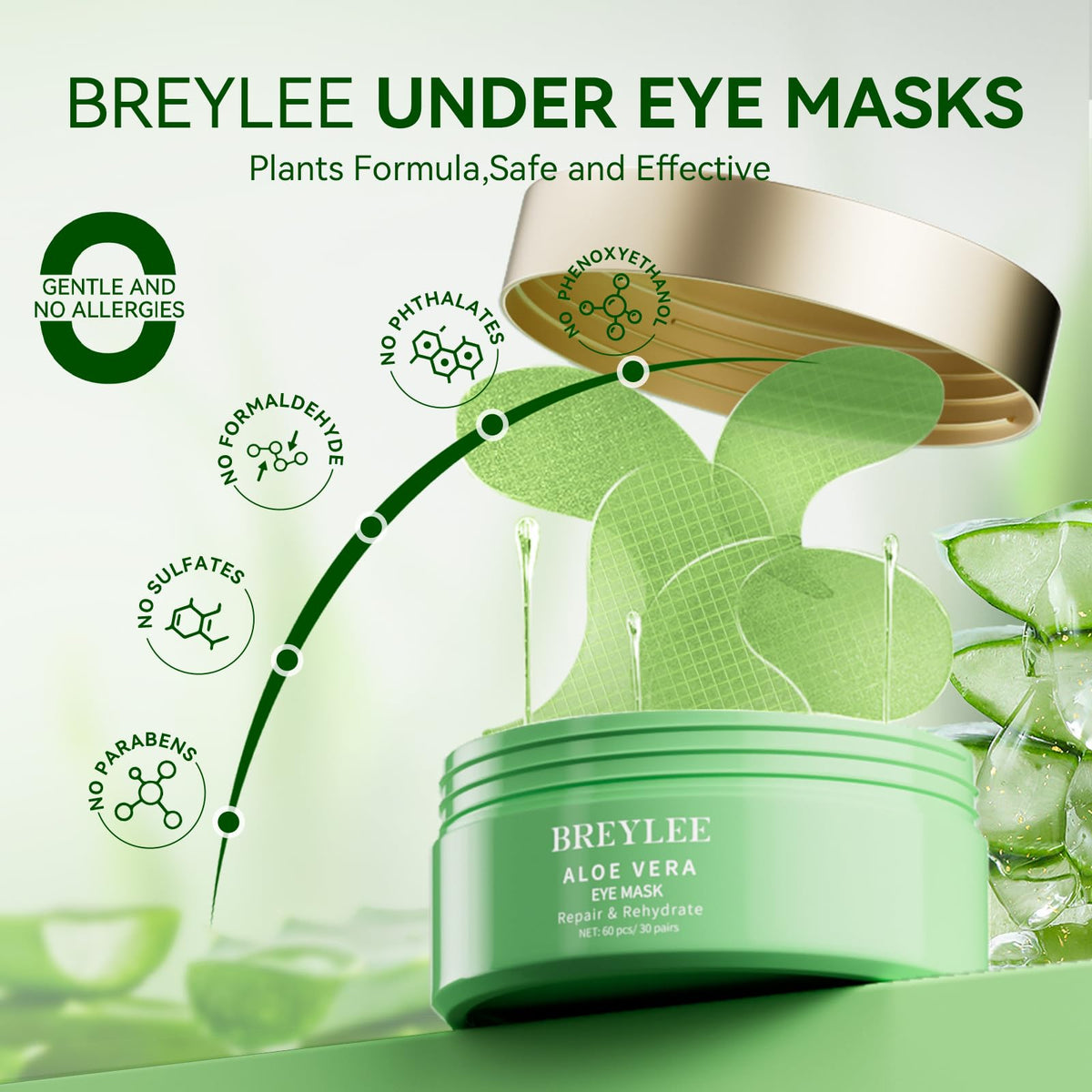 BREYLEE Aloe Vera Eye Masks in use during a skincare routine