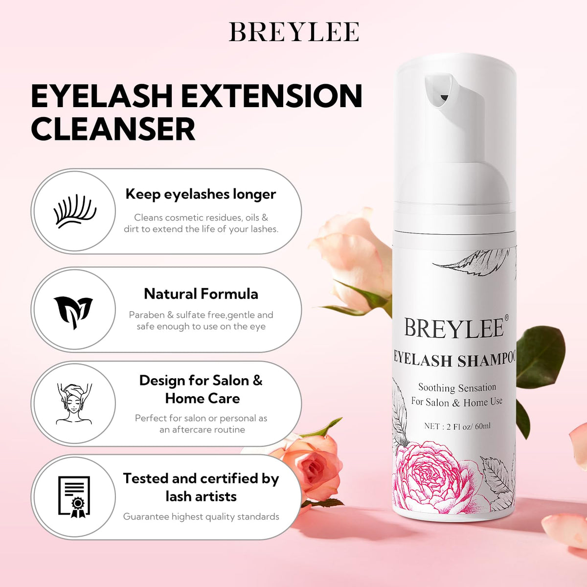 BREYLEE Eyelash Extension Cleanser Foam 60ml with brushes