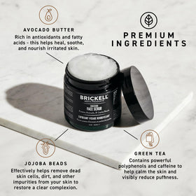 Brickell Men's Renewing Face Scrub 150g back view with ingredients