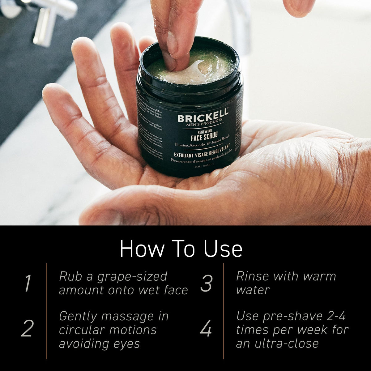 Brickell Men's Renewing Face Scrub 150g in bathroom setting