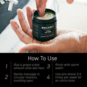 Brickell Men's Renewing Face Scrub 150g in bathroom setting