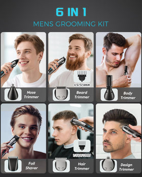 Brightup Beard Trimmer showing 6 trimmer heads and combs