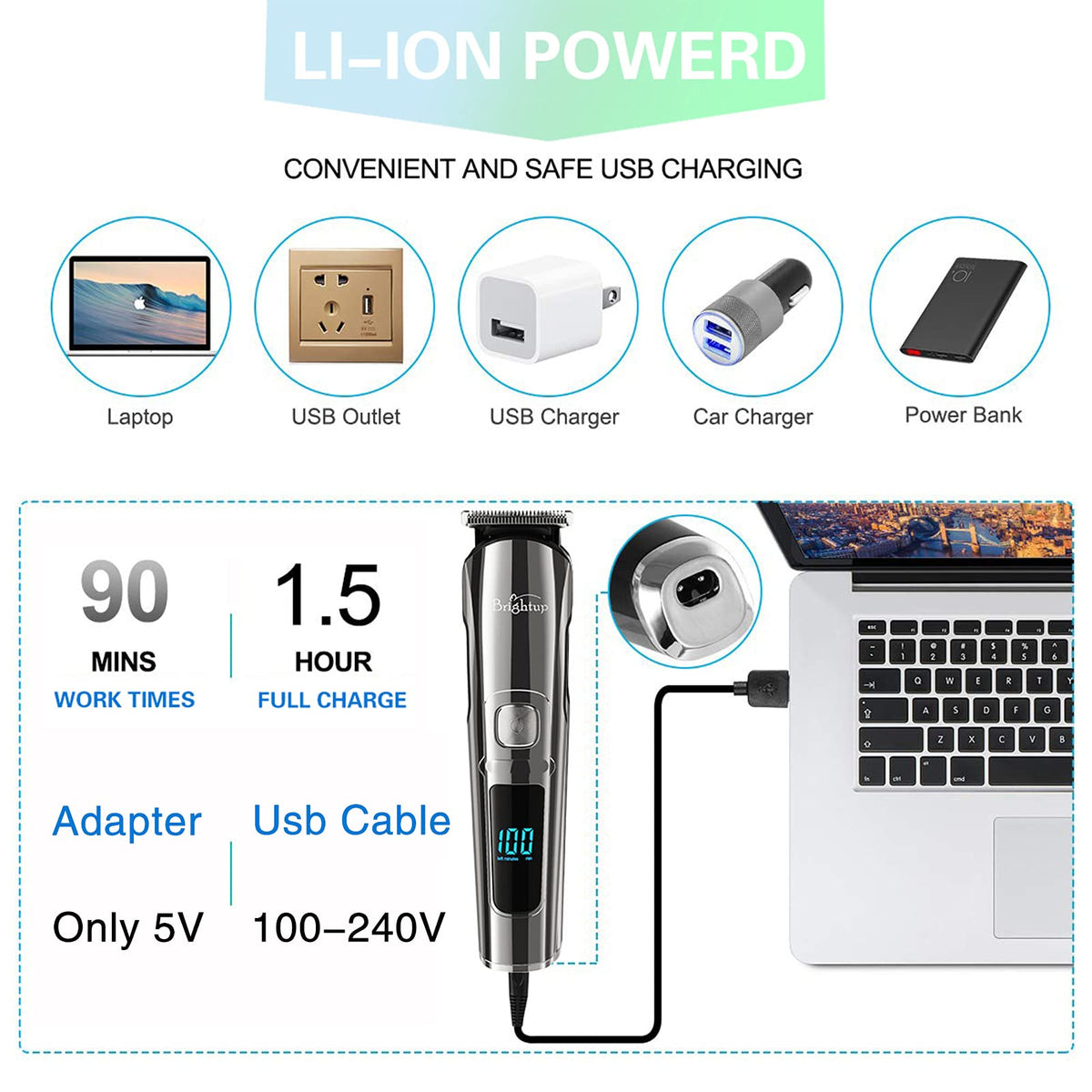 Brightup Beard Trimmer with cleaning brush and USB charger
