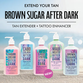 Brown Sugar 200X Bronzer Tanning Lotion with tropical background