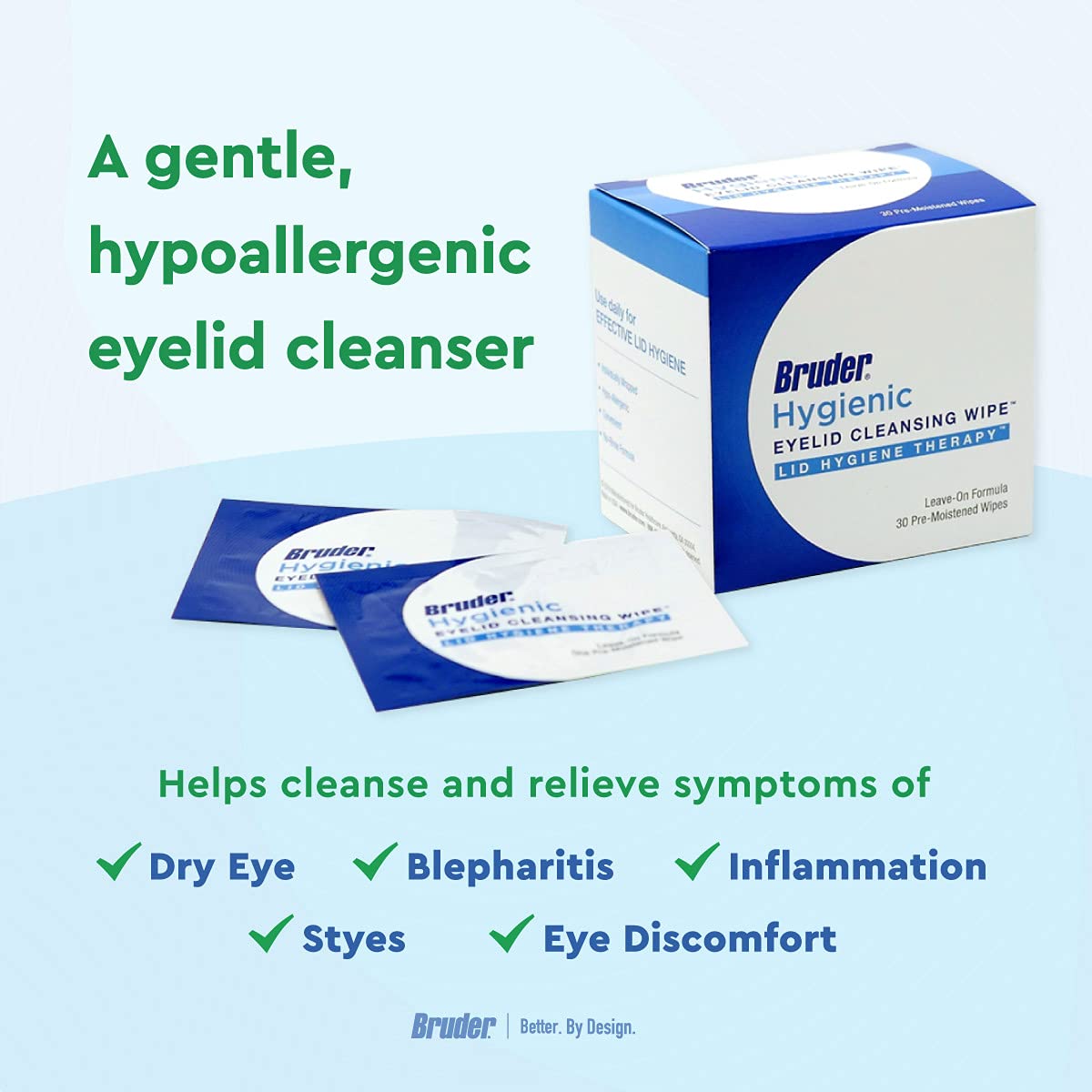 Bruder Eyelid Cleansing Wipes, wipes displayed on a bathroom counter