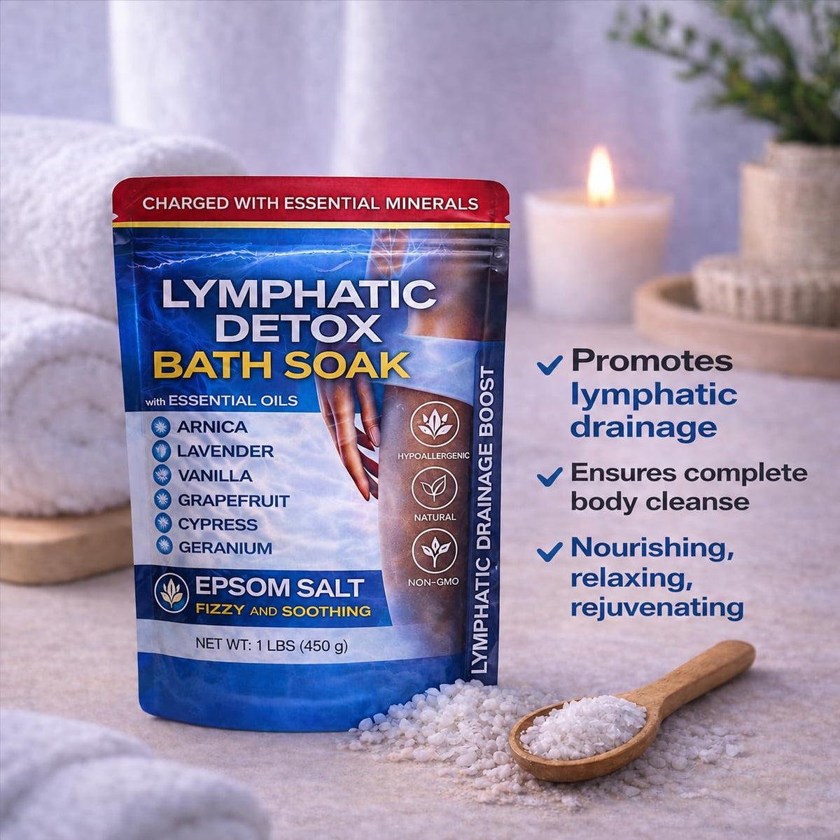 Bruizex Arnica Montana Bath Salts being poured into a bath