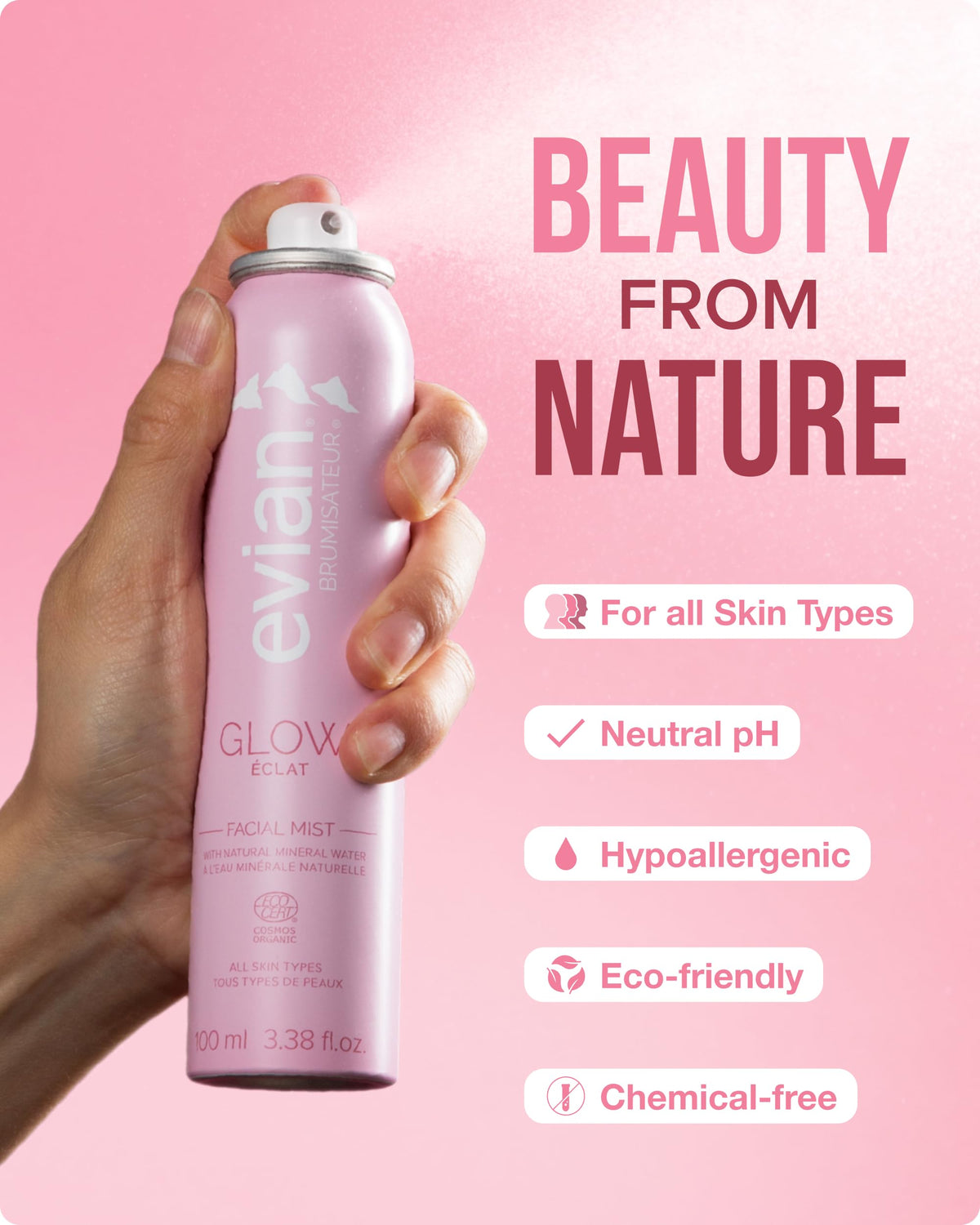 BRUMISATEUR Evian Glow Facial Mist in lifestyle setting on vanity
