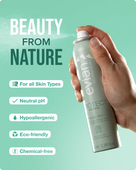 BRUMISATEUR Evian Protect Facial Mist in lifestyle setting on a bathroom counter