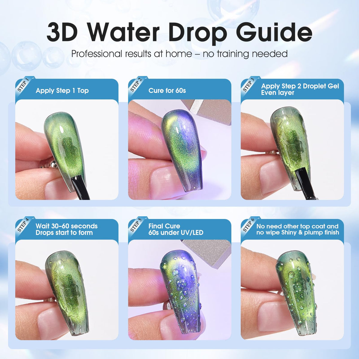 Brynelle Water Drop Gel Top Coat with various gel colours