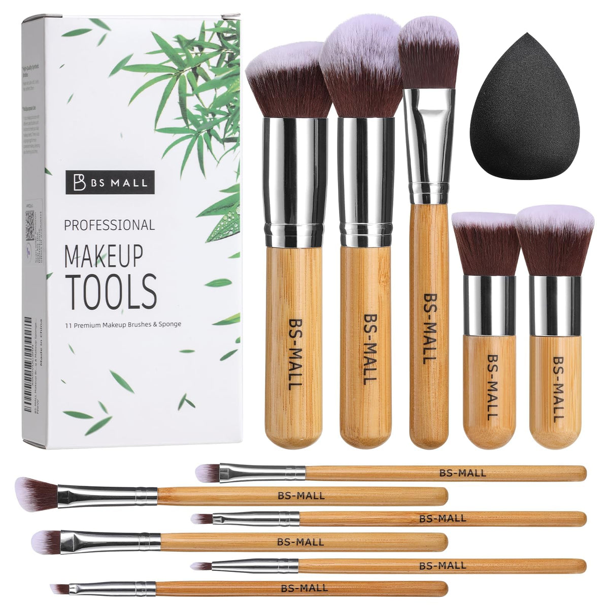 BS-MALL 11 Pcs Makeup Brush Set front view with bamboo handles