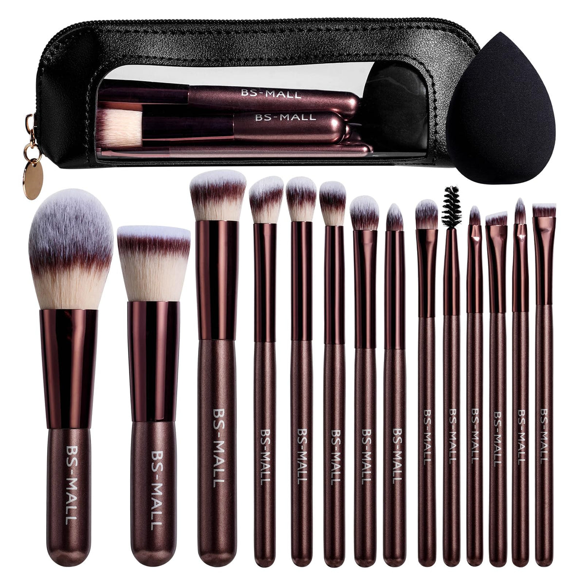 BS-MALL 14 Pcs Makeup Brushes Set with travel case, coffee colour front view