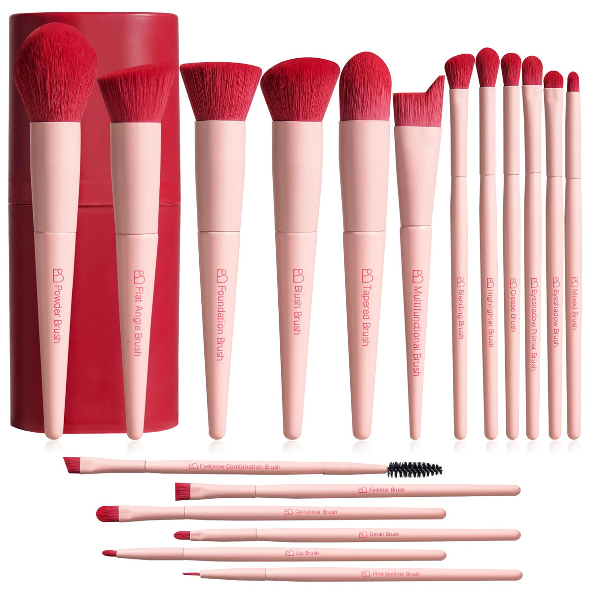 BS-MALL 18-piece makeup brush set with pink and red details