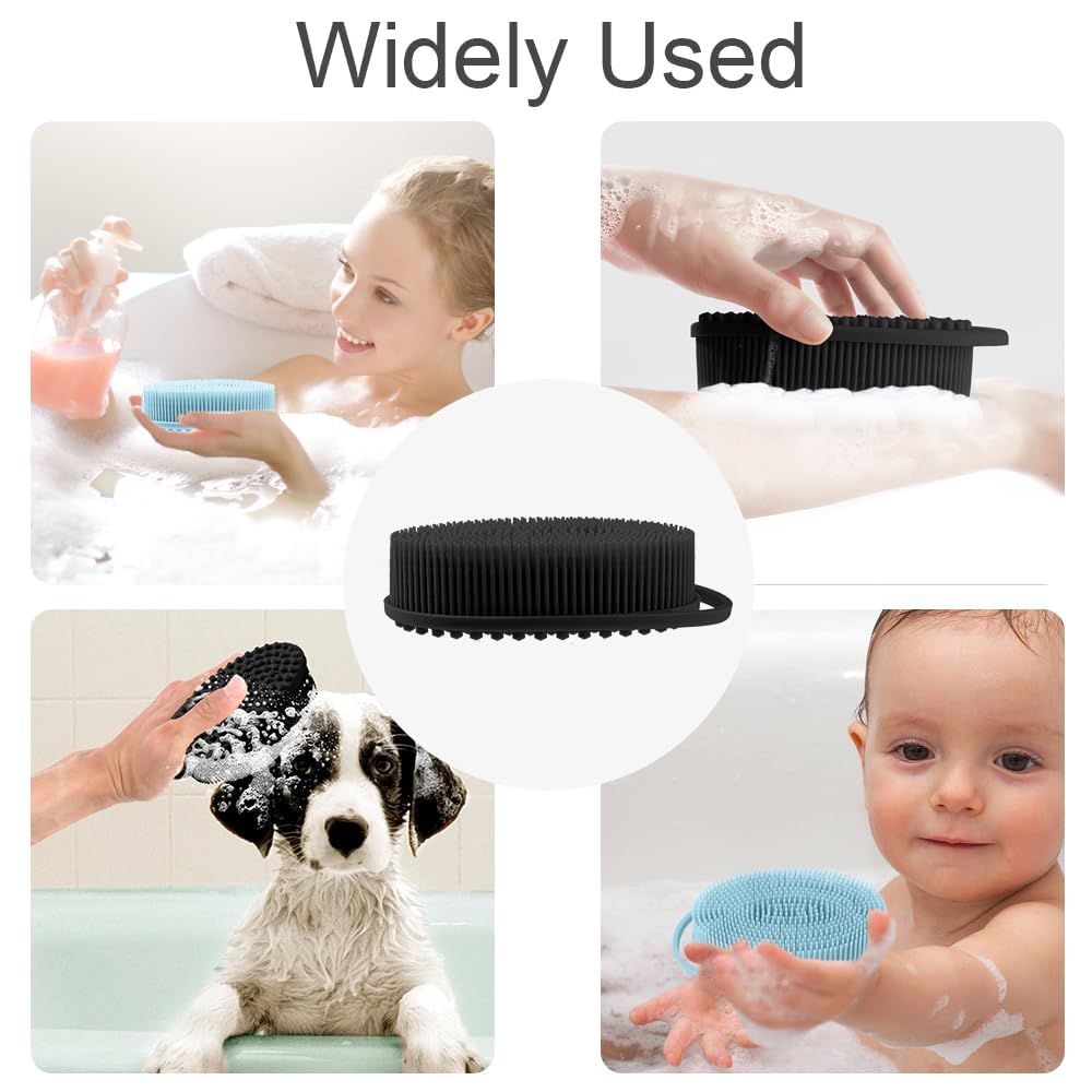 Bsofing Silicone Body Scrubber in lifestyle setting with bath accessories