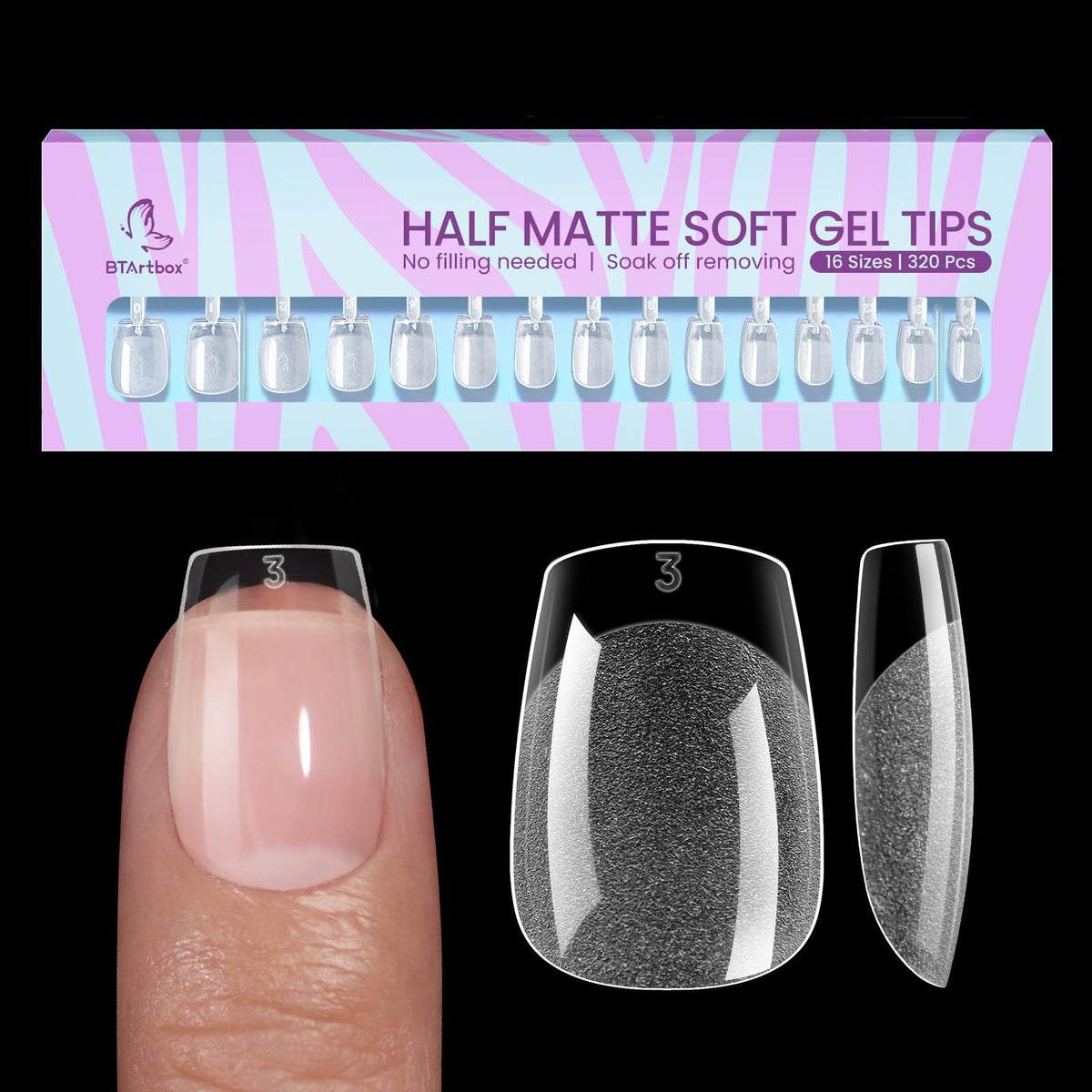 BTArtbox Half Matte Clear Soft Gel Nail Tips front view with packaging